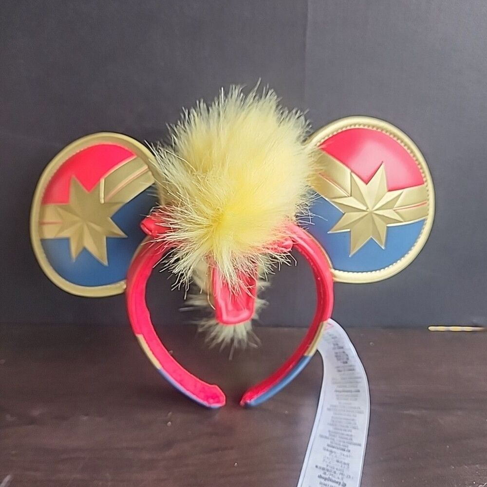Disney Parks CAPTAIN MARVEL Ear Headband with Crest Faux Leather Ears Mickey New